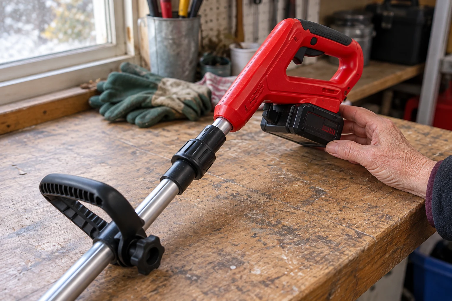 Removable battery under the red snow blower handle on a workbench
