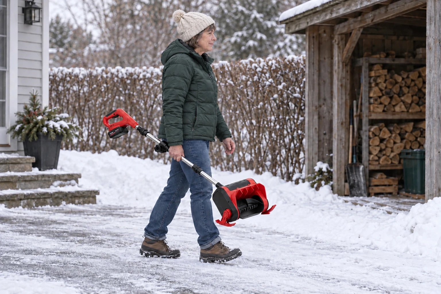 Homeowner carrying the red WOODRANGER snow blower outside a snowy home