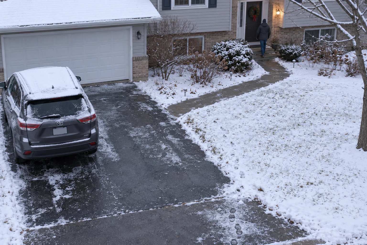 A cleared residential walkway leading from the front door to a driveway and car