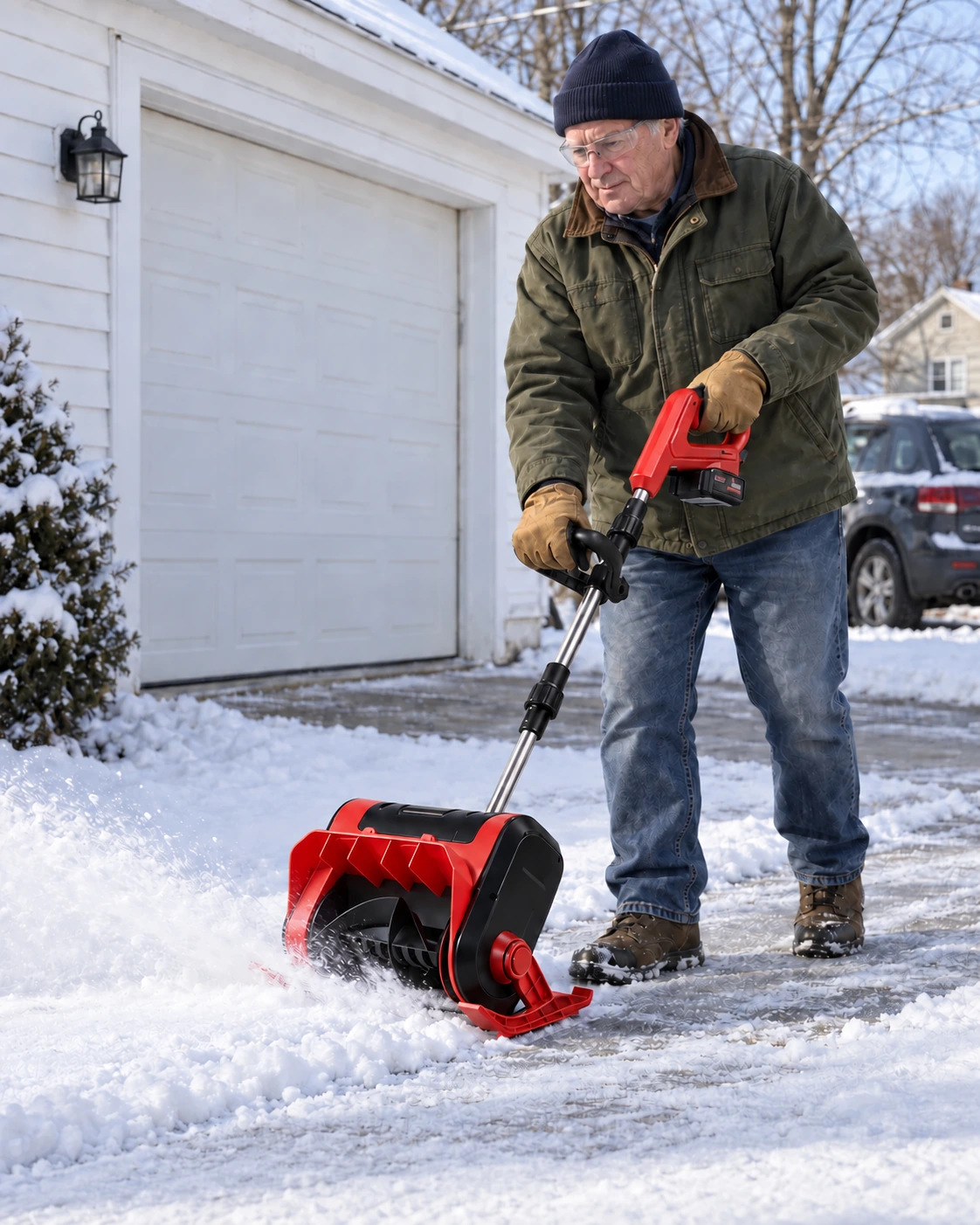 WOODRANGER red snow blower being used beside a residential garage
