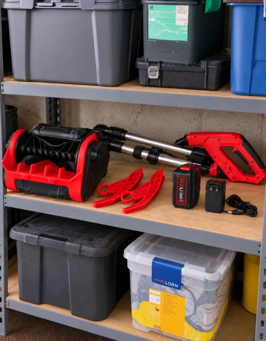 WOODRANGER snow blower disassembled on a garage shelf with its battery and charger