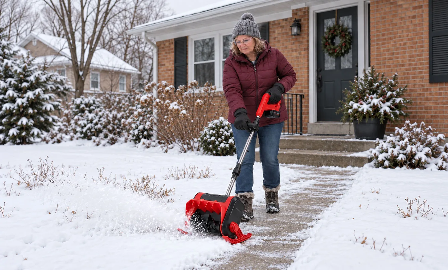Woman clearing a front path with the red WOODRANGER® Snow Blower