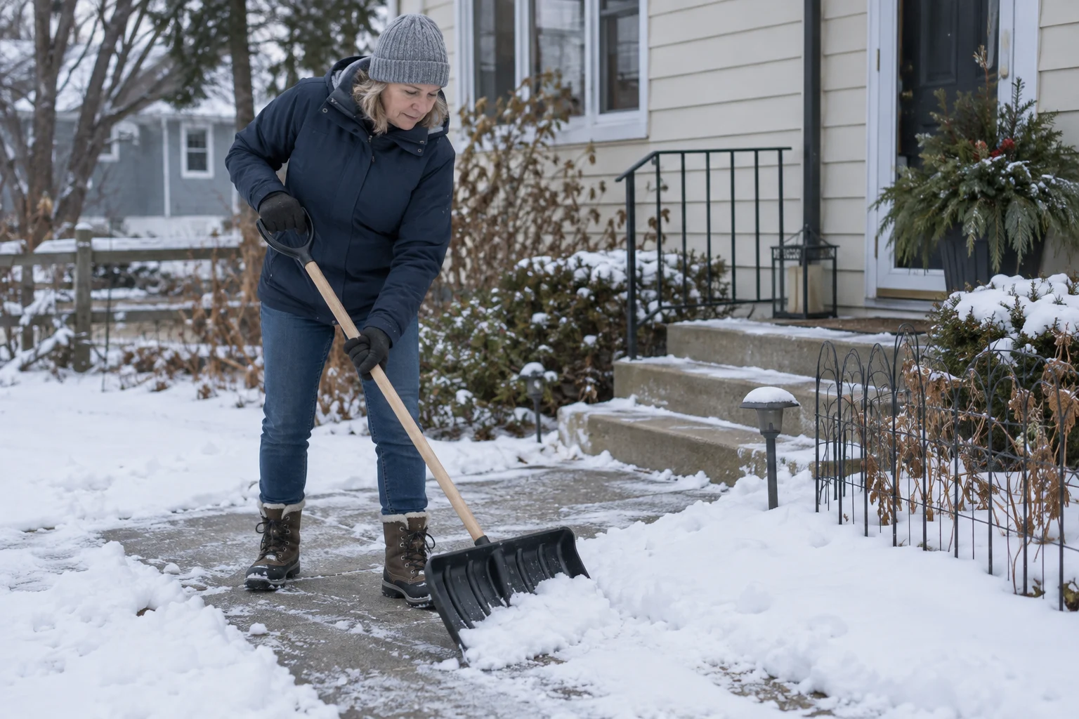 Homeowner clearing fresh snow with an ordinary manual shovel