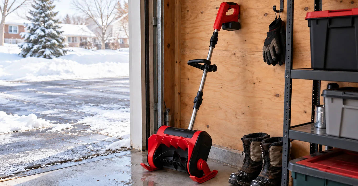 Complete red snow blower stored upright with support in a home garage