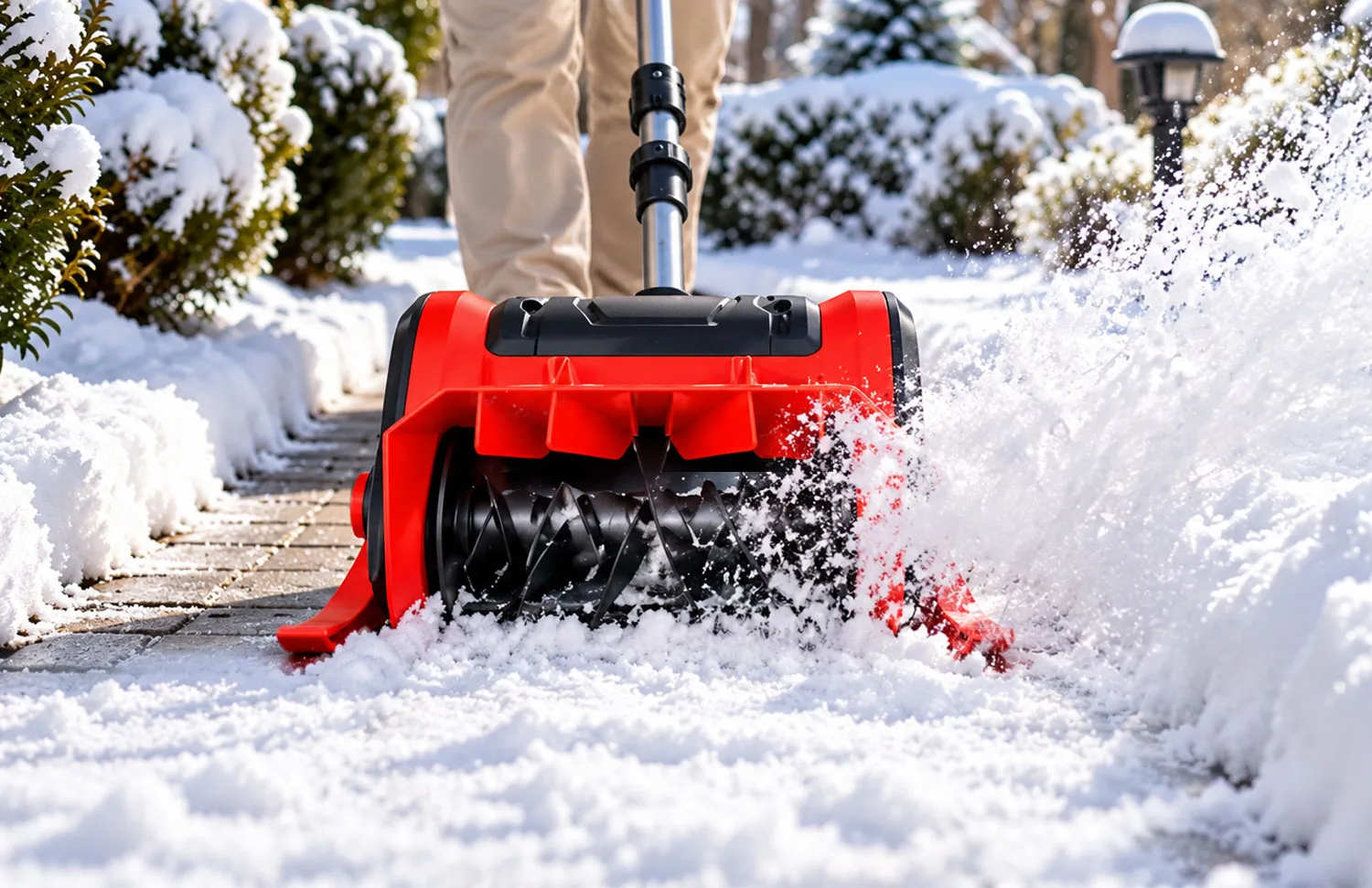 Close-up of the red auger head moving through fresh snow