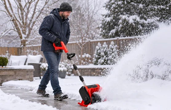 Homeowner guiding the red WOODRANGER snow blower, clearing a path
