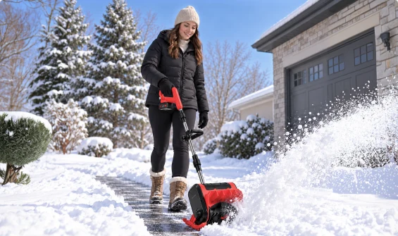 Homeowner clearing a driveway path with the red WOODRANGER snow blower