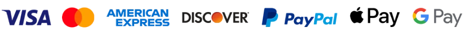 Visa, Mastercard, American Express, Discover, PayPal, Apple Pay and Google Pay accepted