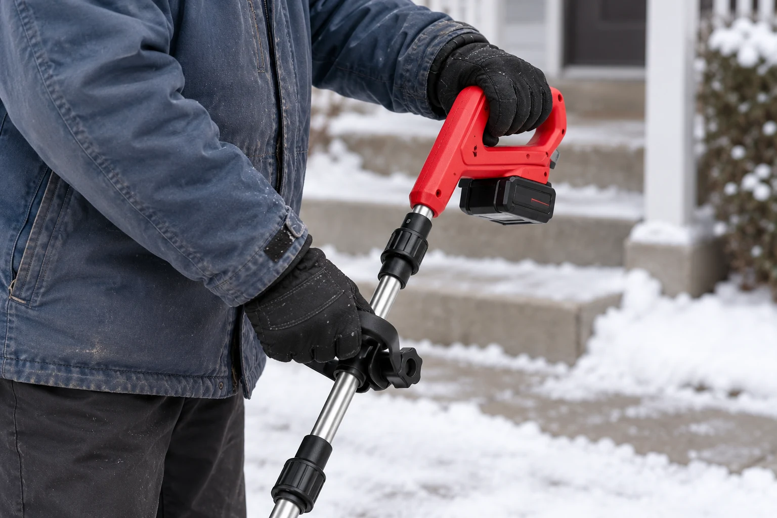 Gloved hands using the upper handle and auxiliary grip of the red snow blower