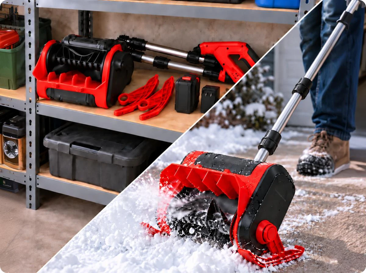 WOODRANGER snow blower kit in garage storage and clearing fresh snow